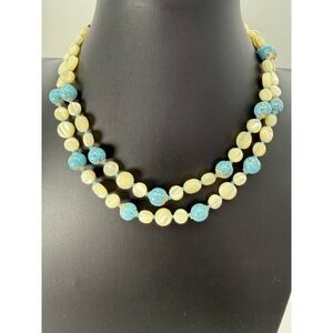 Vintage Japan Double Strand Mother of Pearl Turquoise Blue Bead Necklace 17in